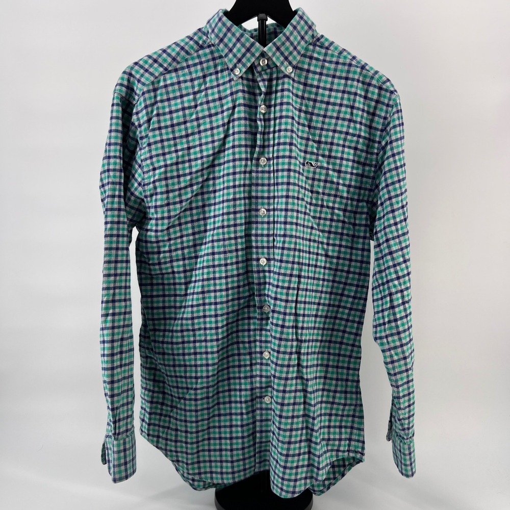 Vineyard Vines Mens Whale Shirt Green Navy Blue Gingham Plaid Flannel Medium M